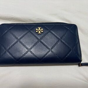 Tory Burch Dark Blue Quilted Wallet with Gold Accent